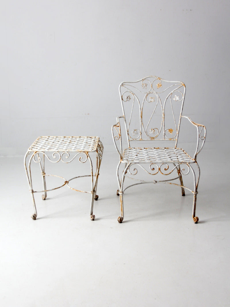 vintage wrought iron arm chair and table set