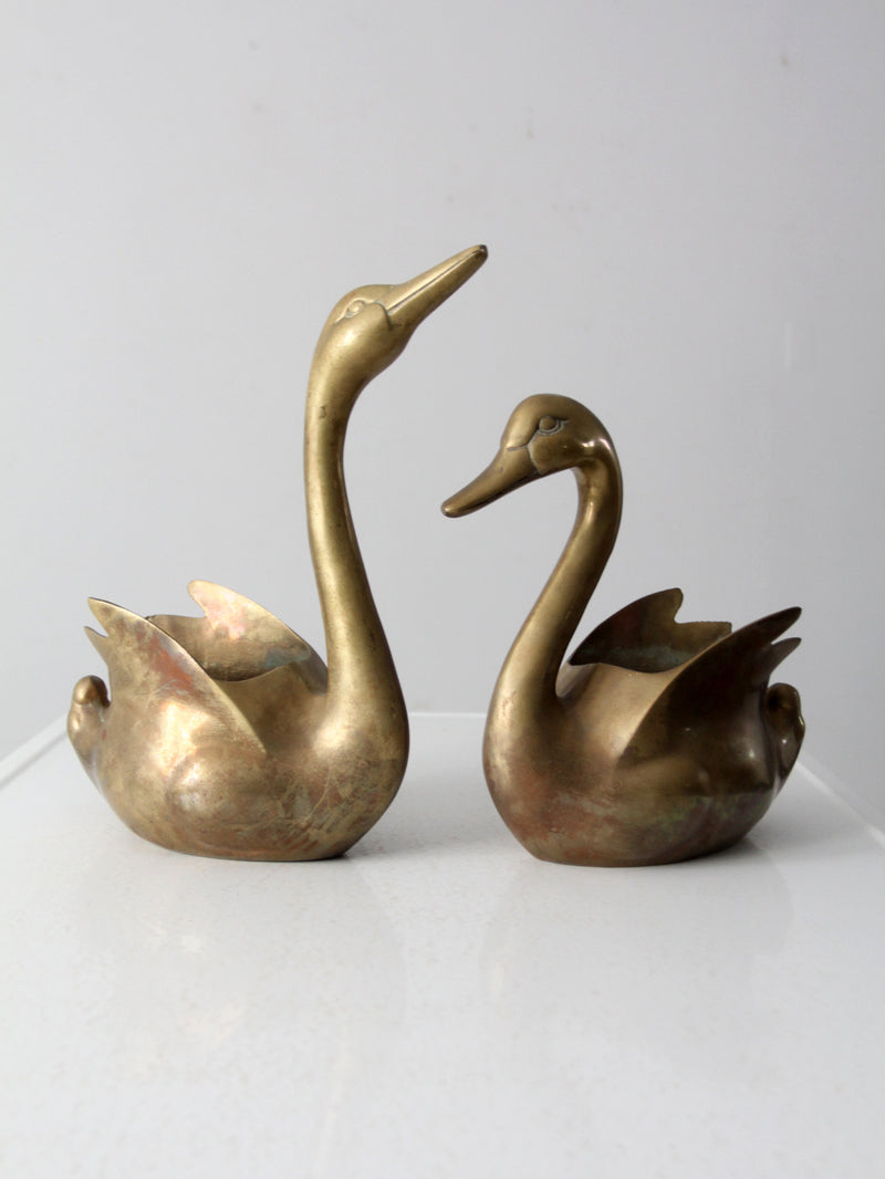 vintage brass swan planter vases pair