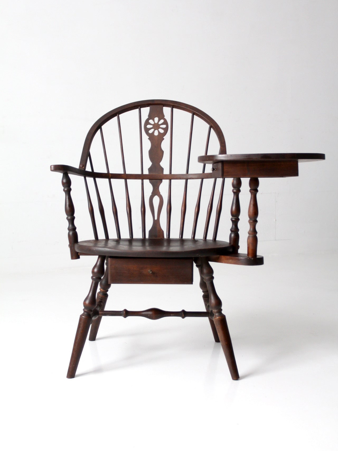 antique Windsor writing armchair with desk and drawers