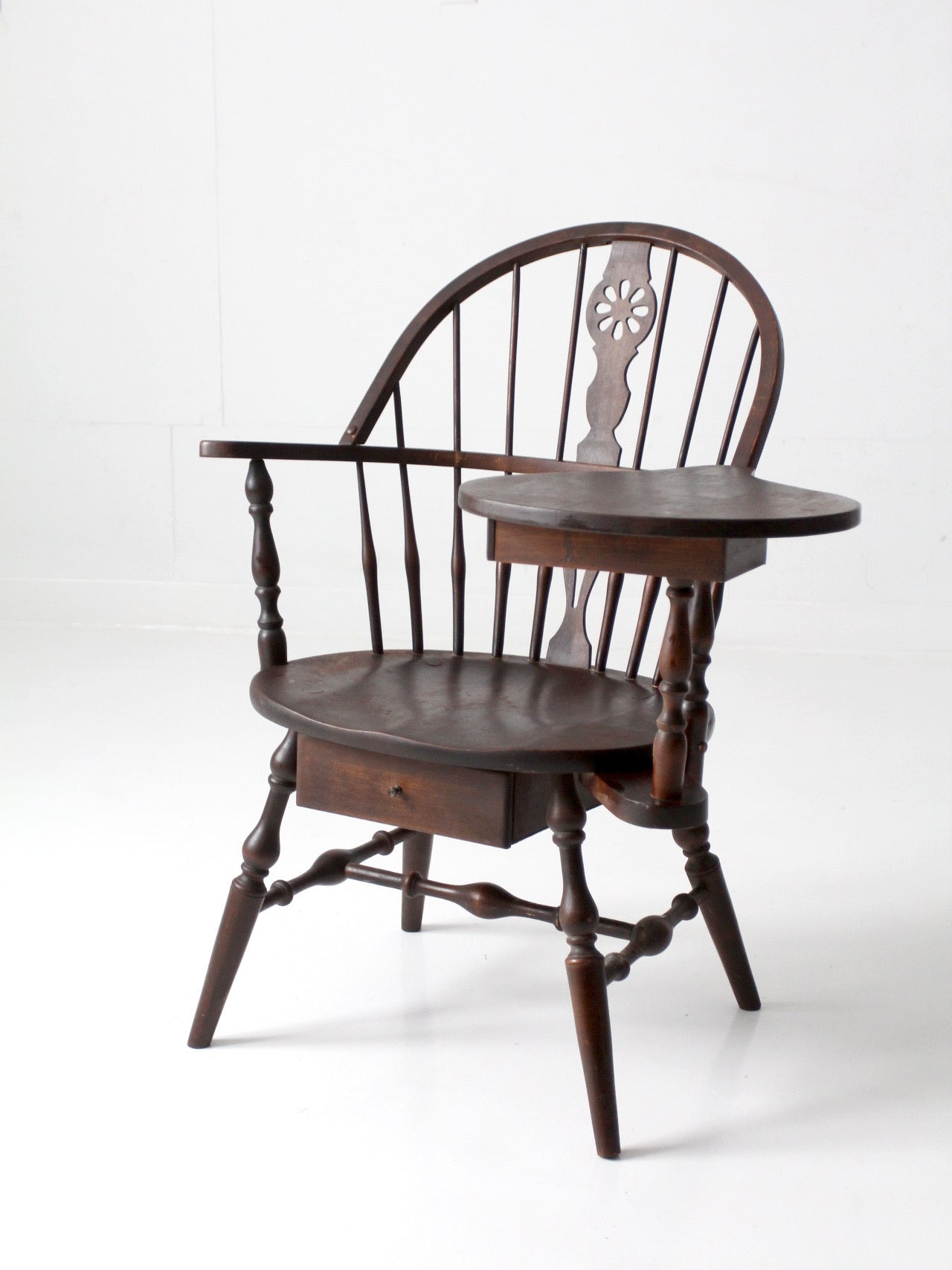 antique Windsor writing armchair with desk and drawers