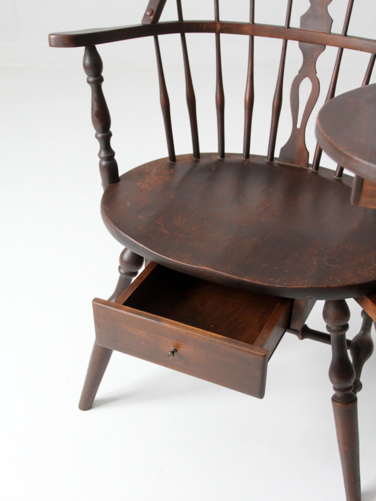 antique Windsor writing armchair with desk and drawers