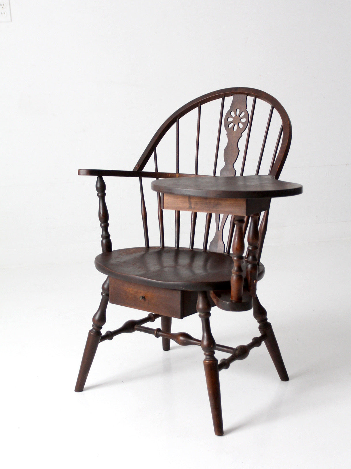 antique Windsor writing armchair with desk and drawers