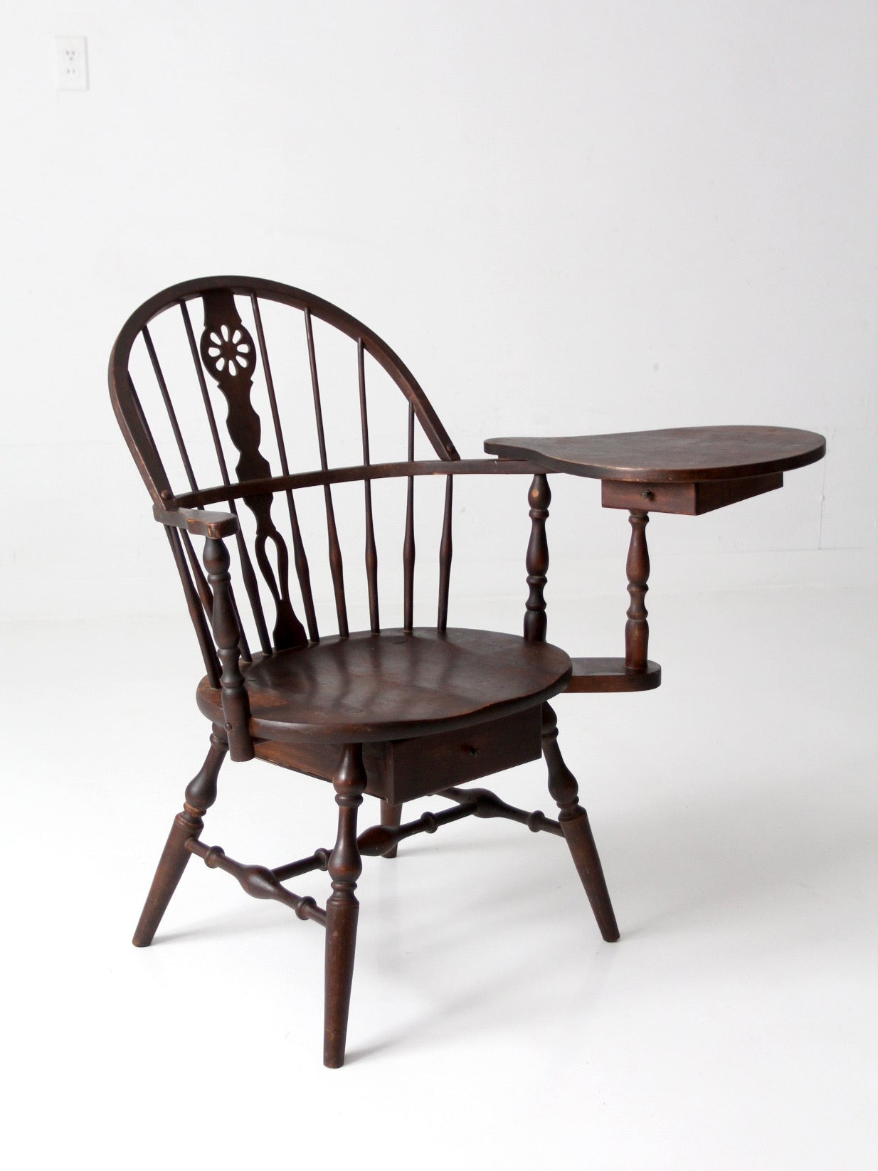 antique Windsor writing armchair with desk and drawers