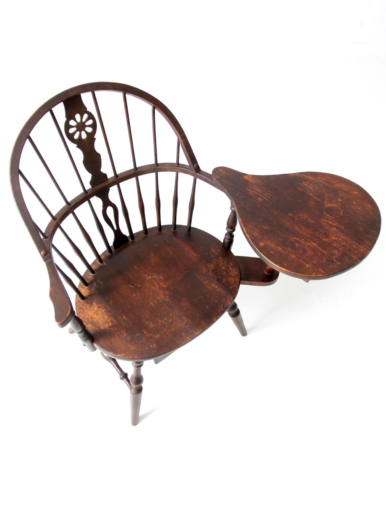 antique Windsor writing armchair with desk and drawers
