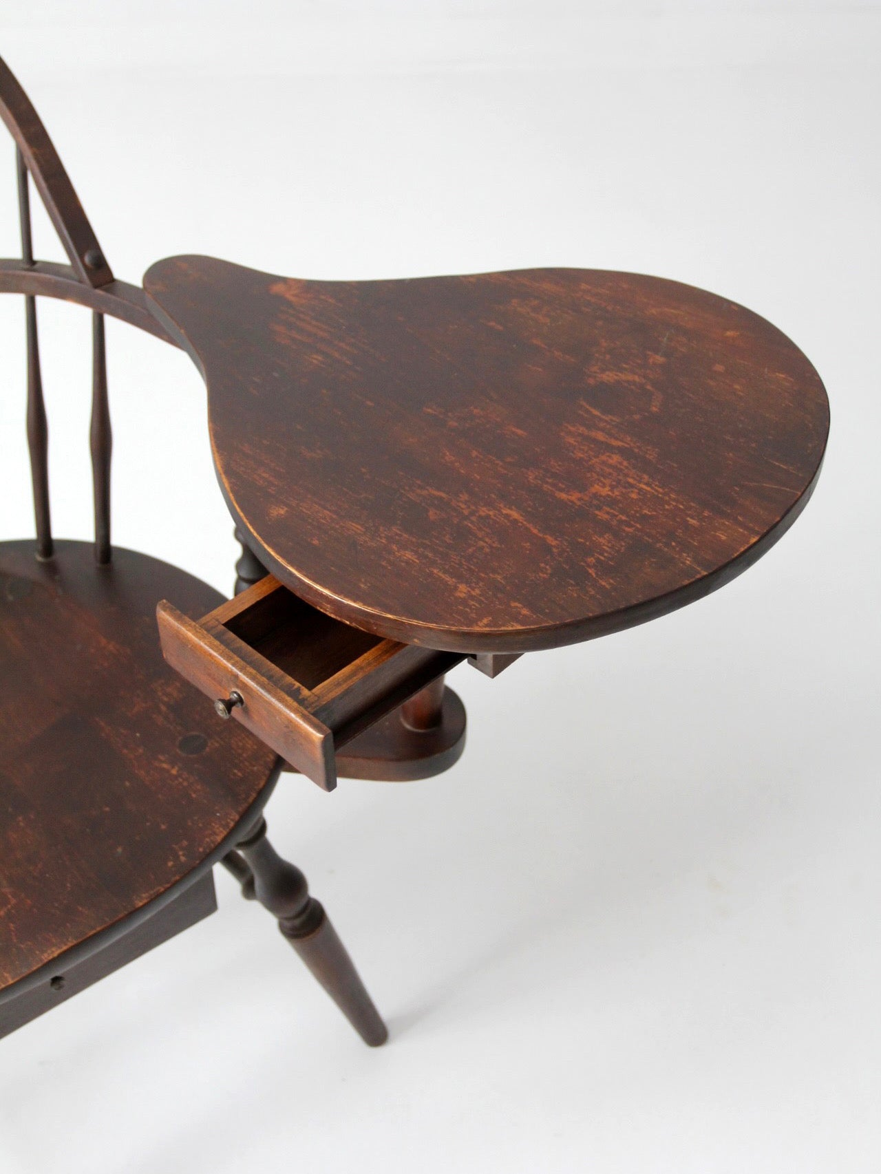 antique Windsor writing armchair with desk and drawers