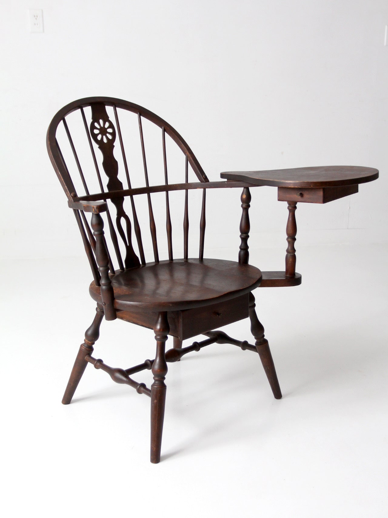 antique Windsor writing armchair with desk and drawers