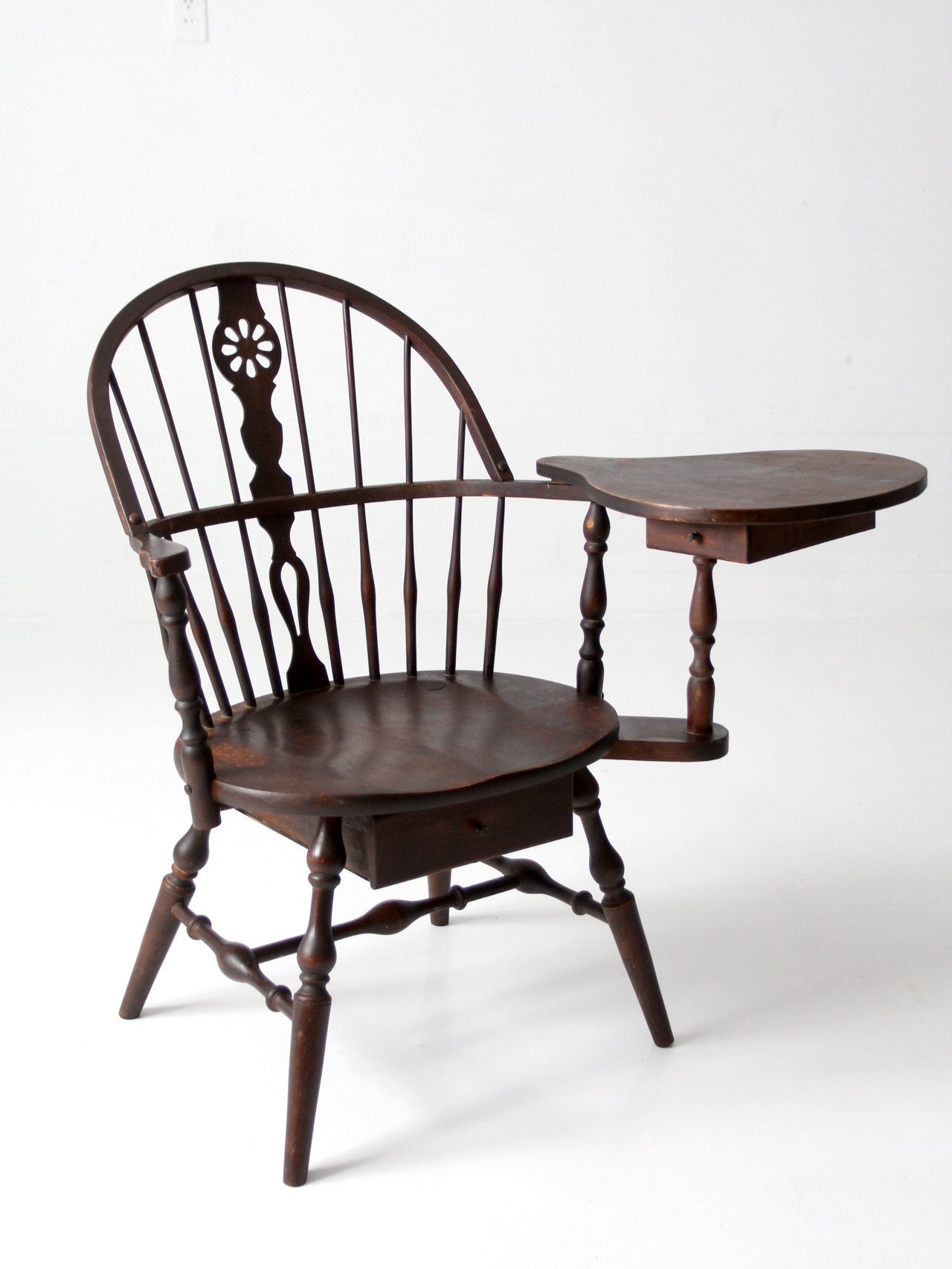 antique Windsor writing armchair with desk and drawers