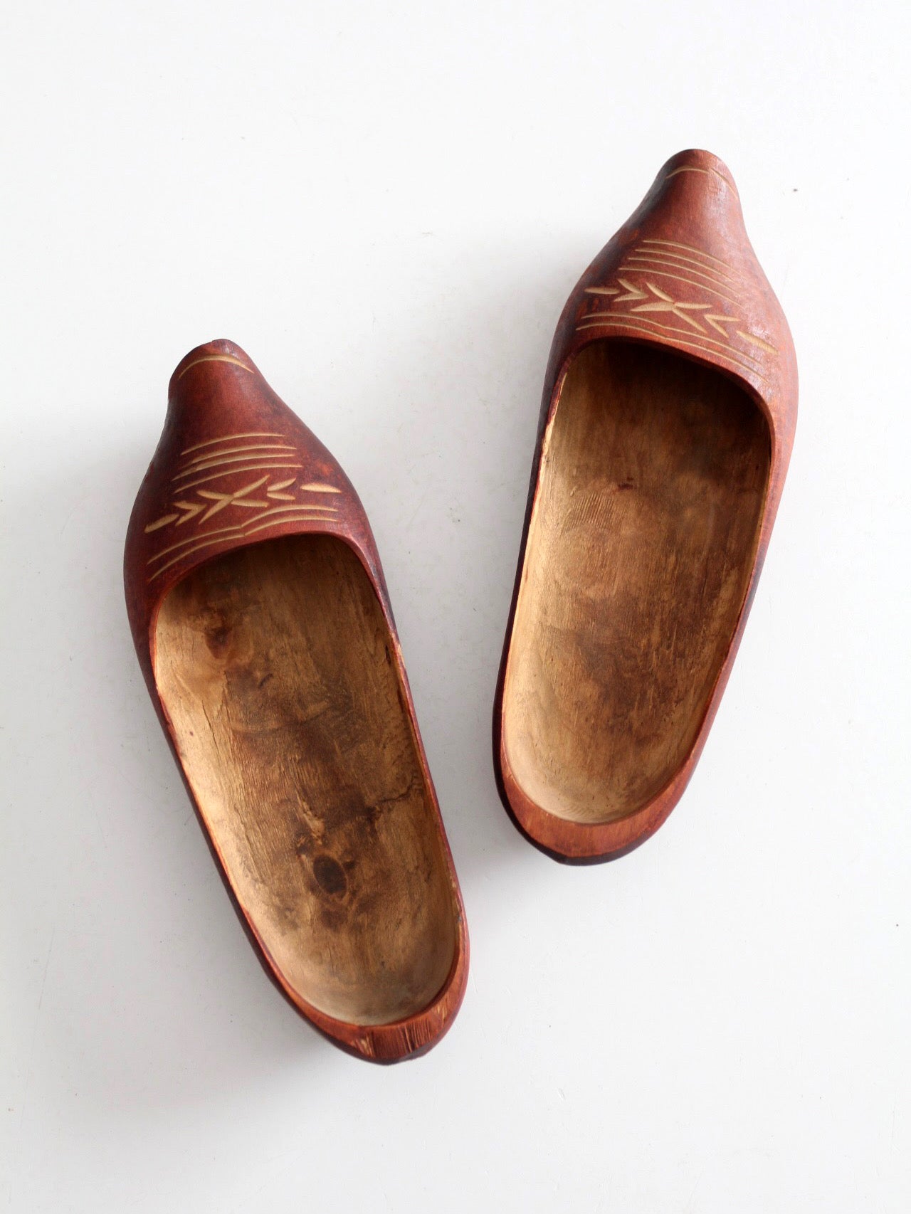 vintage folk art carved wood clogs