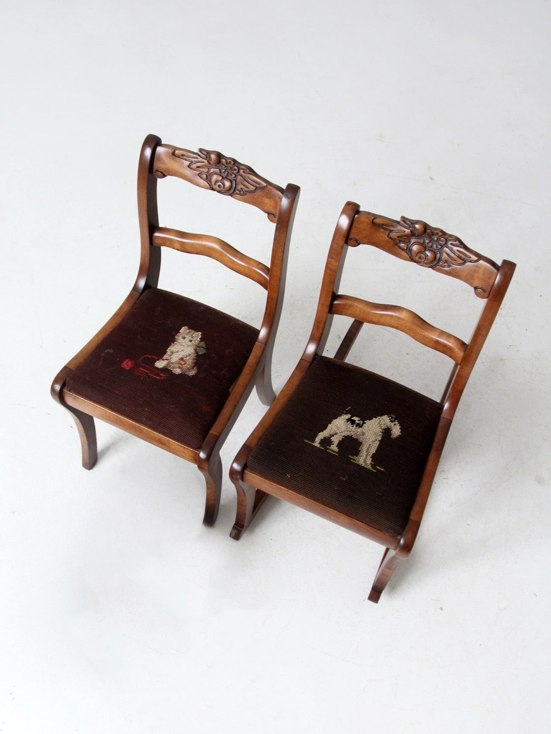 pair of vintage kid's needlepoint seat chairs