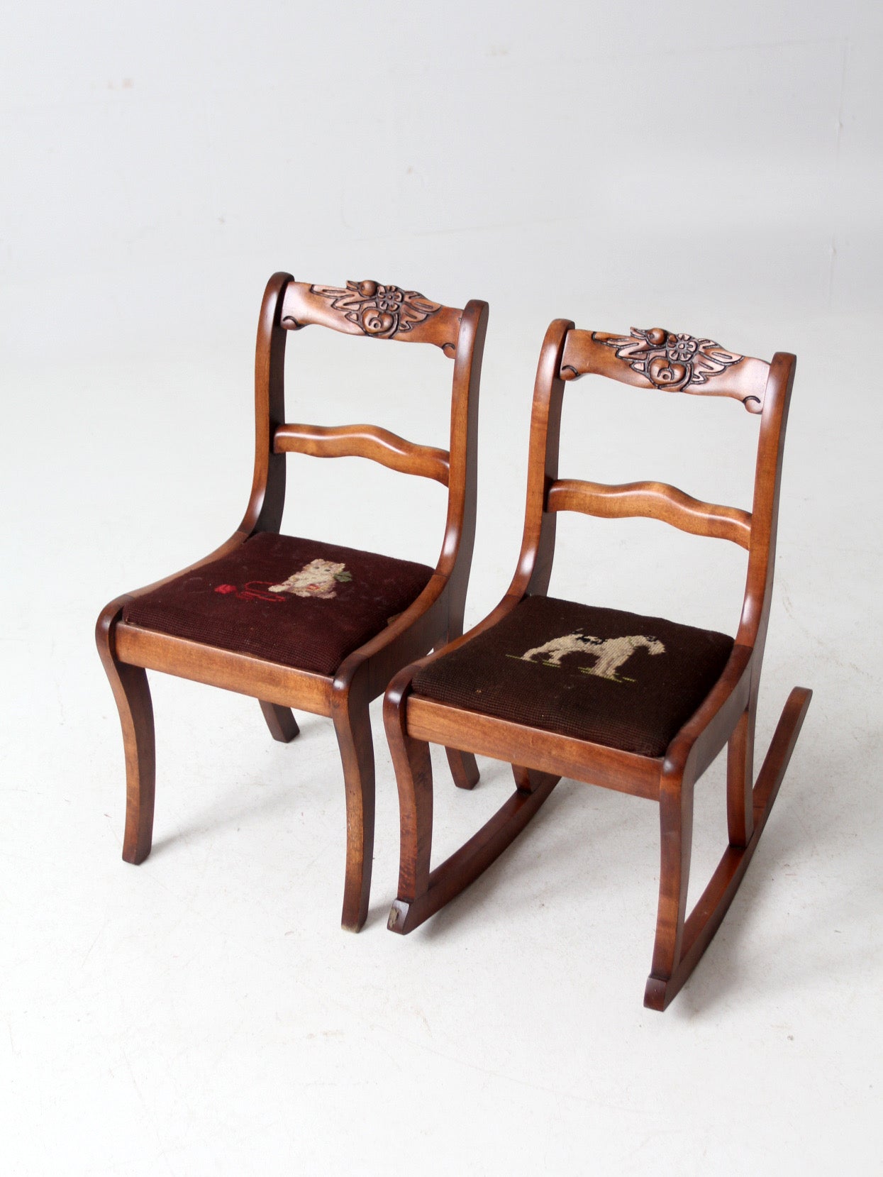 pair of vintage kid's needlepoint seat chairs