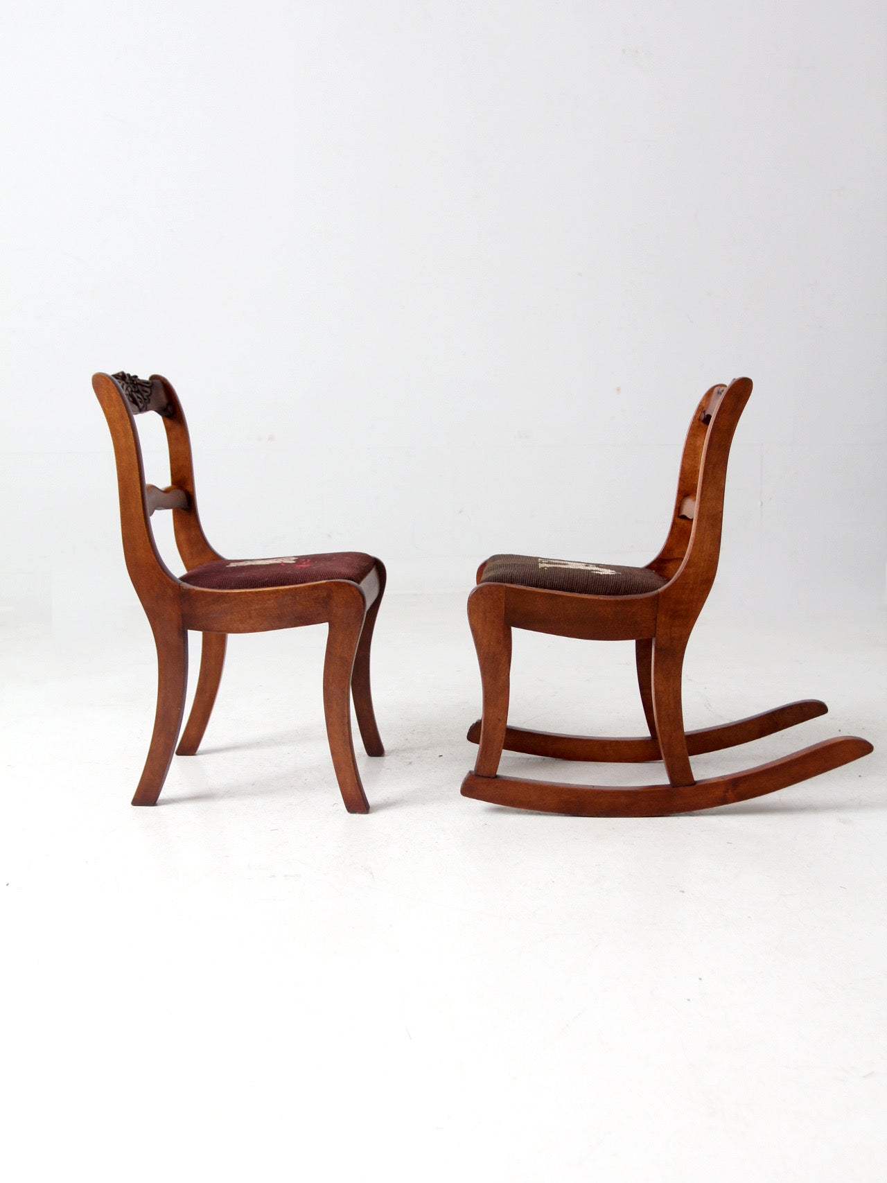 pair of vintage kid's needlepoint seat chairs