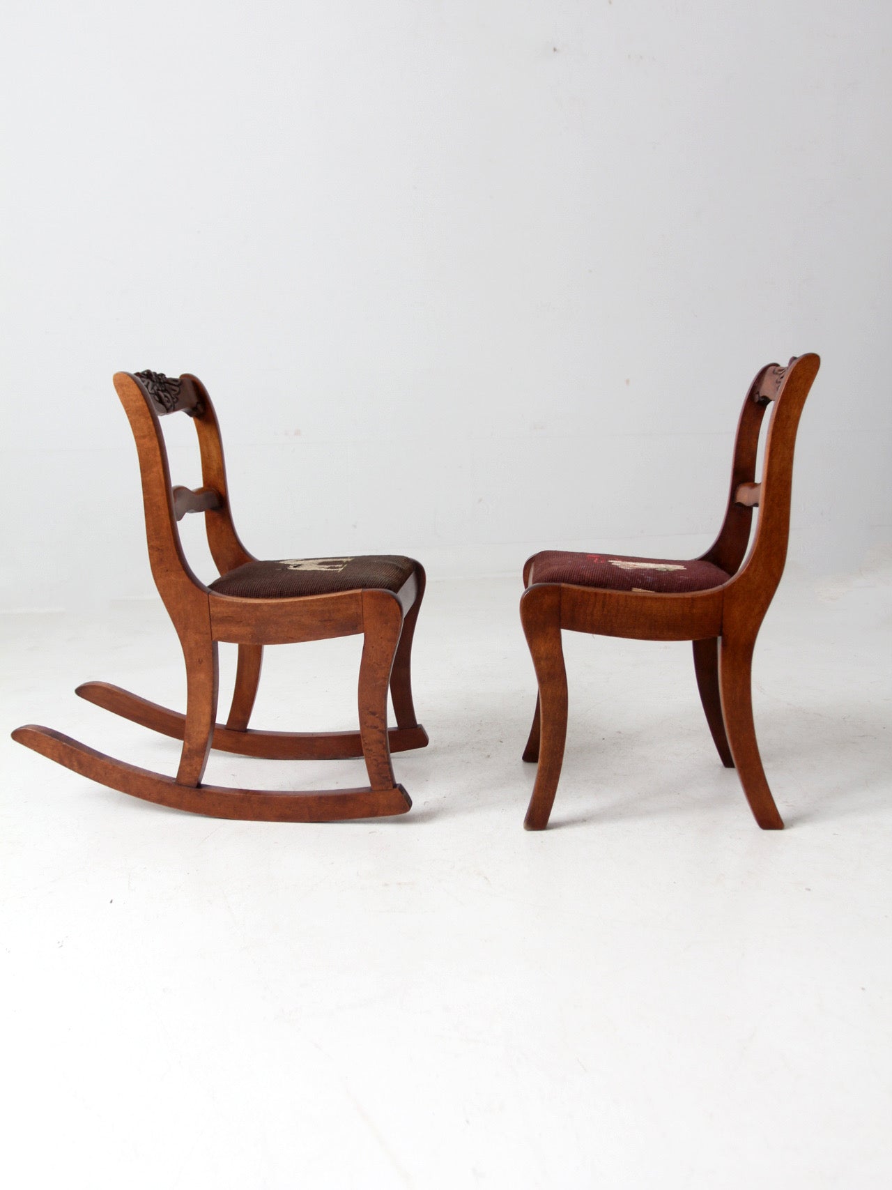 pair of vintage kid's needlepoint seat chairs