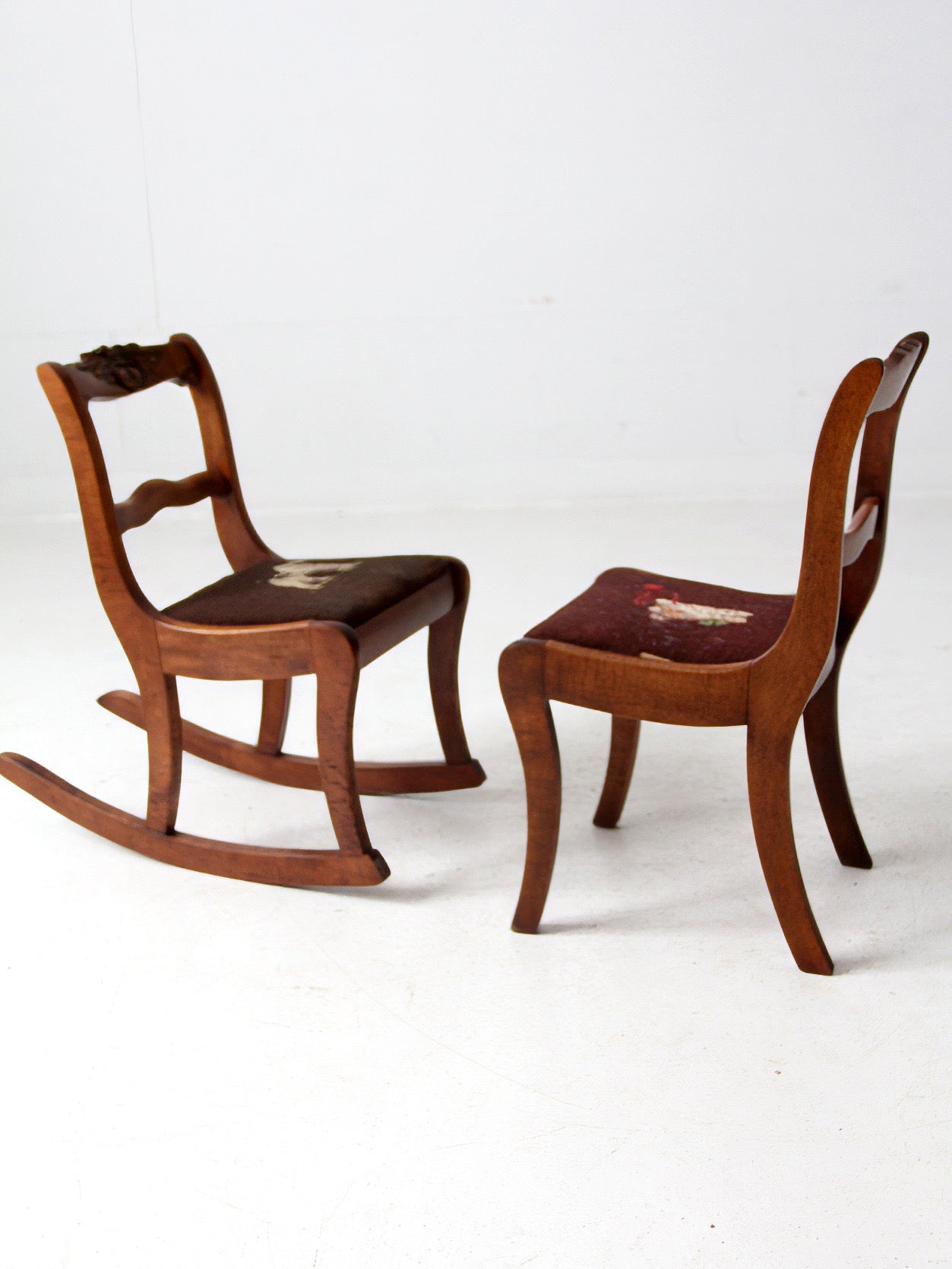 pair of vintage kid's needlepoint seat chairs