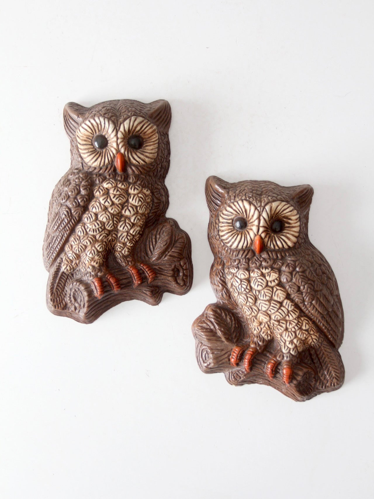 pair of vintage 1970s woodland owl wall plaques