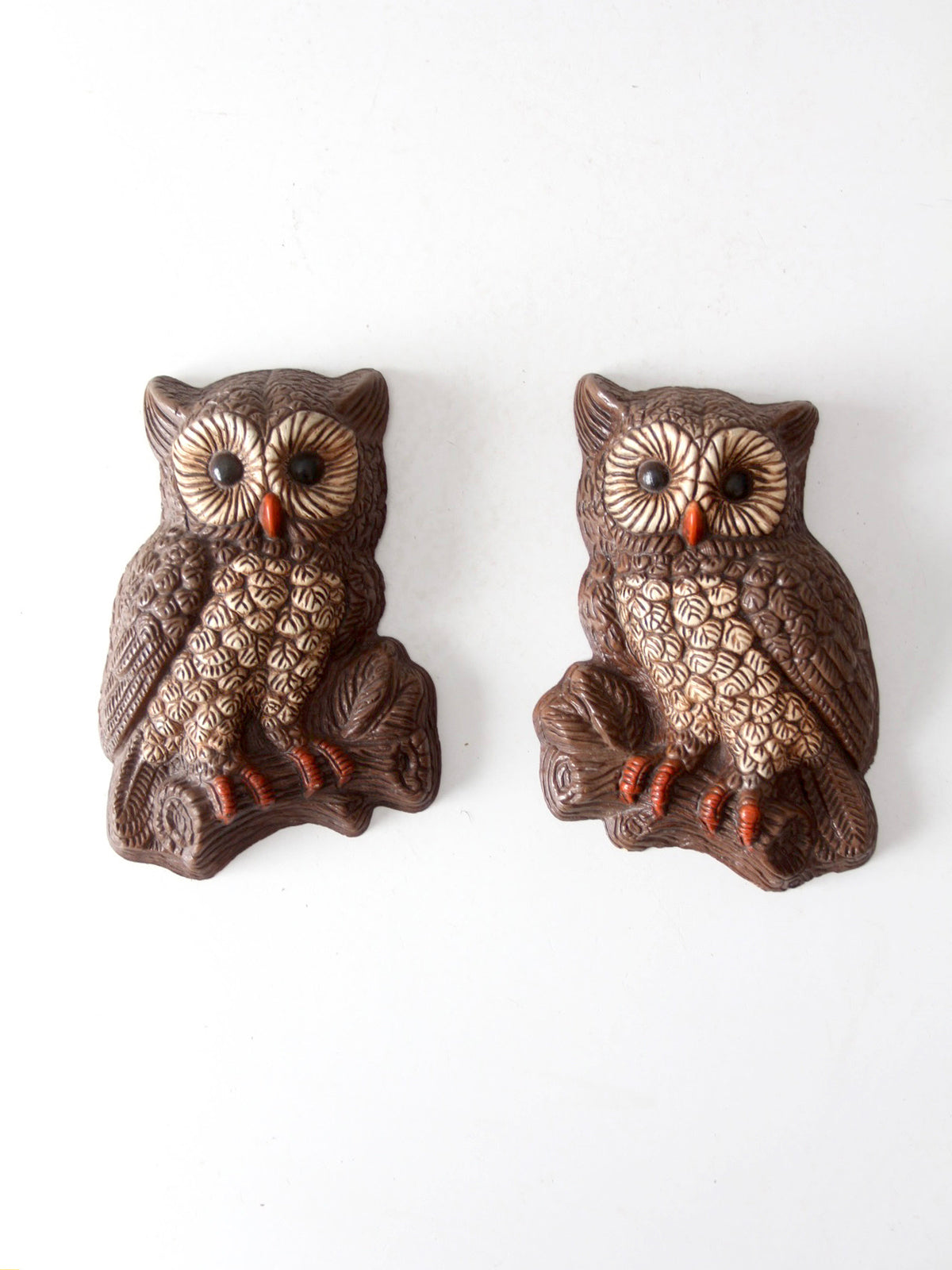 pair of vintage 1970s woodland owl wall plaques