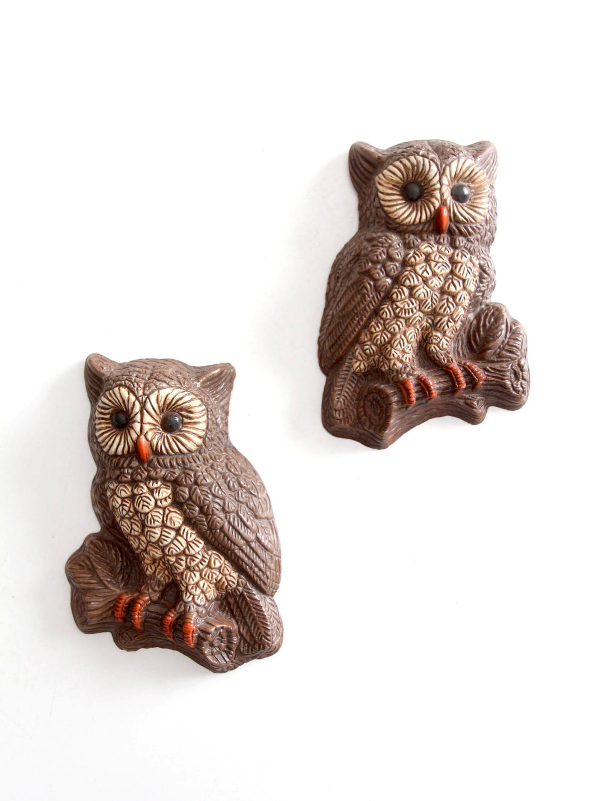 pair of vintage 1970s woodland owl wall plaques
