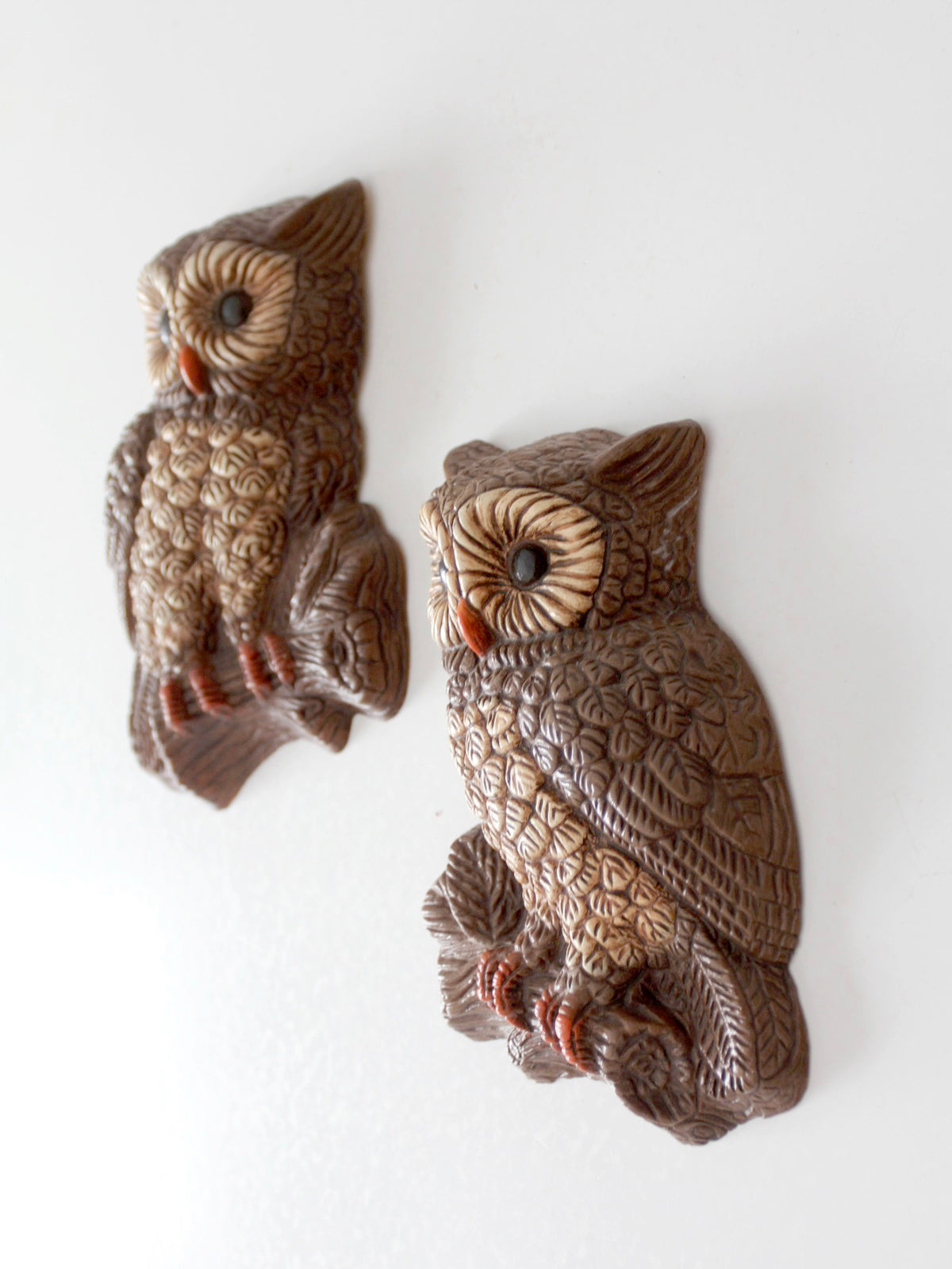 pair of vintage 1970s woodland owl wall plaques