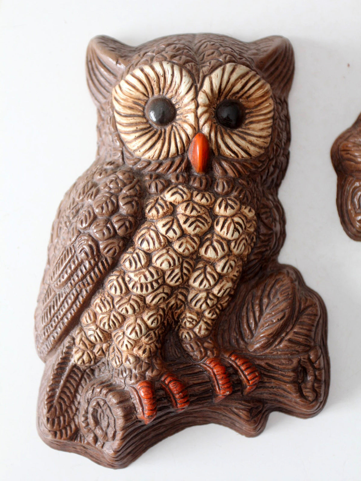 pair of vintage 1970s woodland owl wall plaques