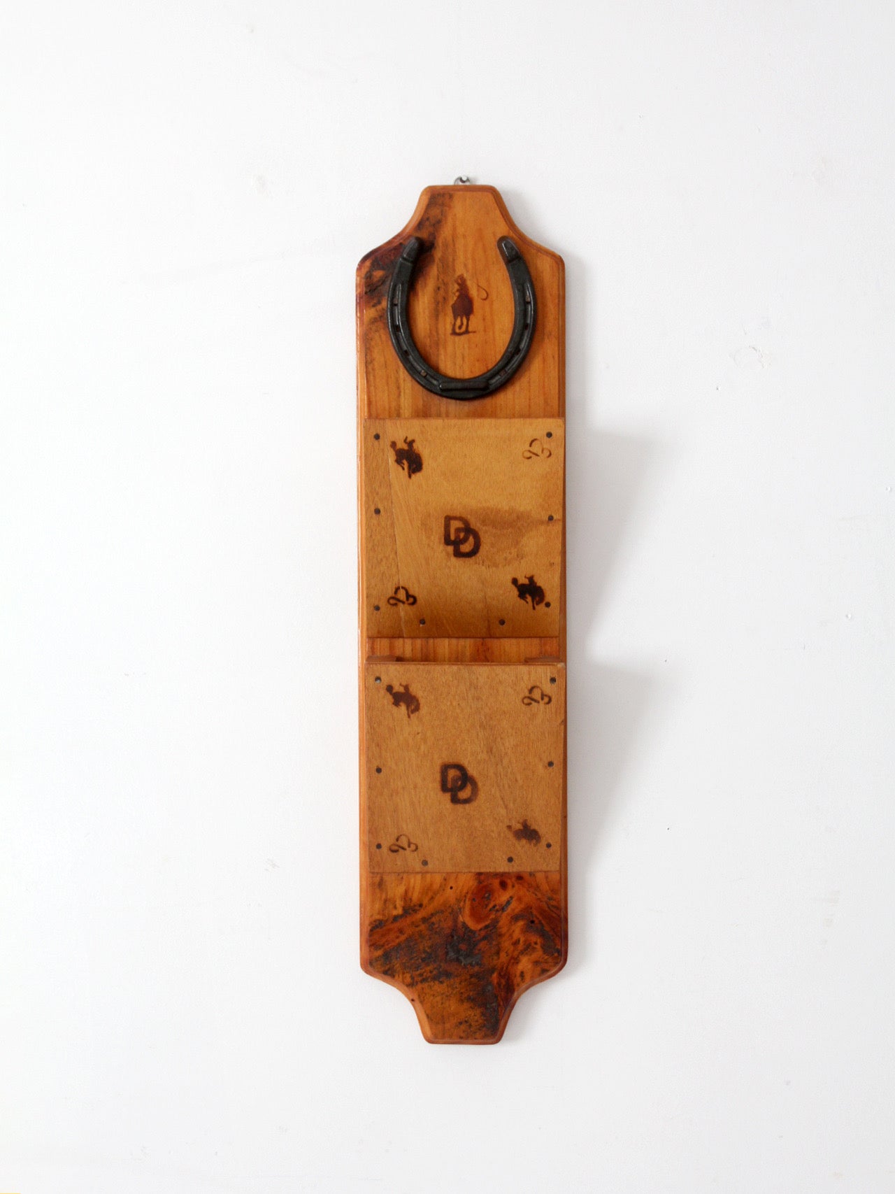 vintage handmade western wood wall organizer with horseshoe