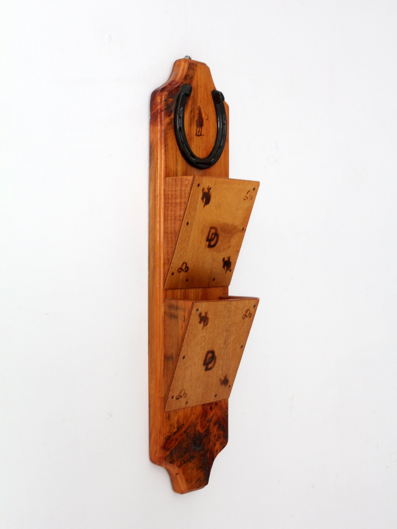vintage handmade western wood wall organizer with horseshoe