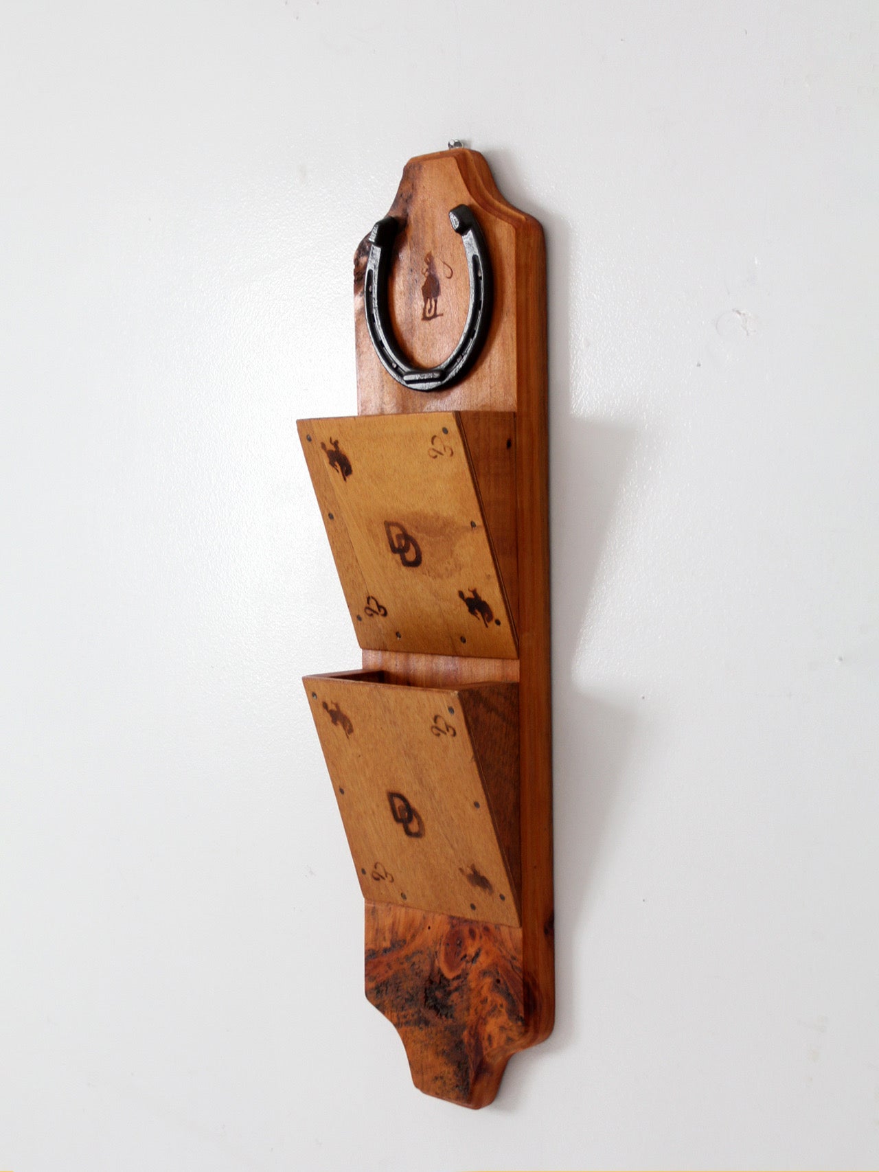 vintage handmade western wood wall organizer with horseshoe