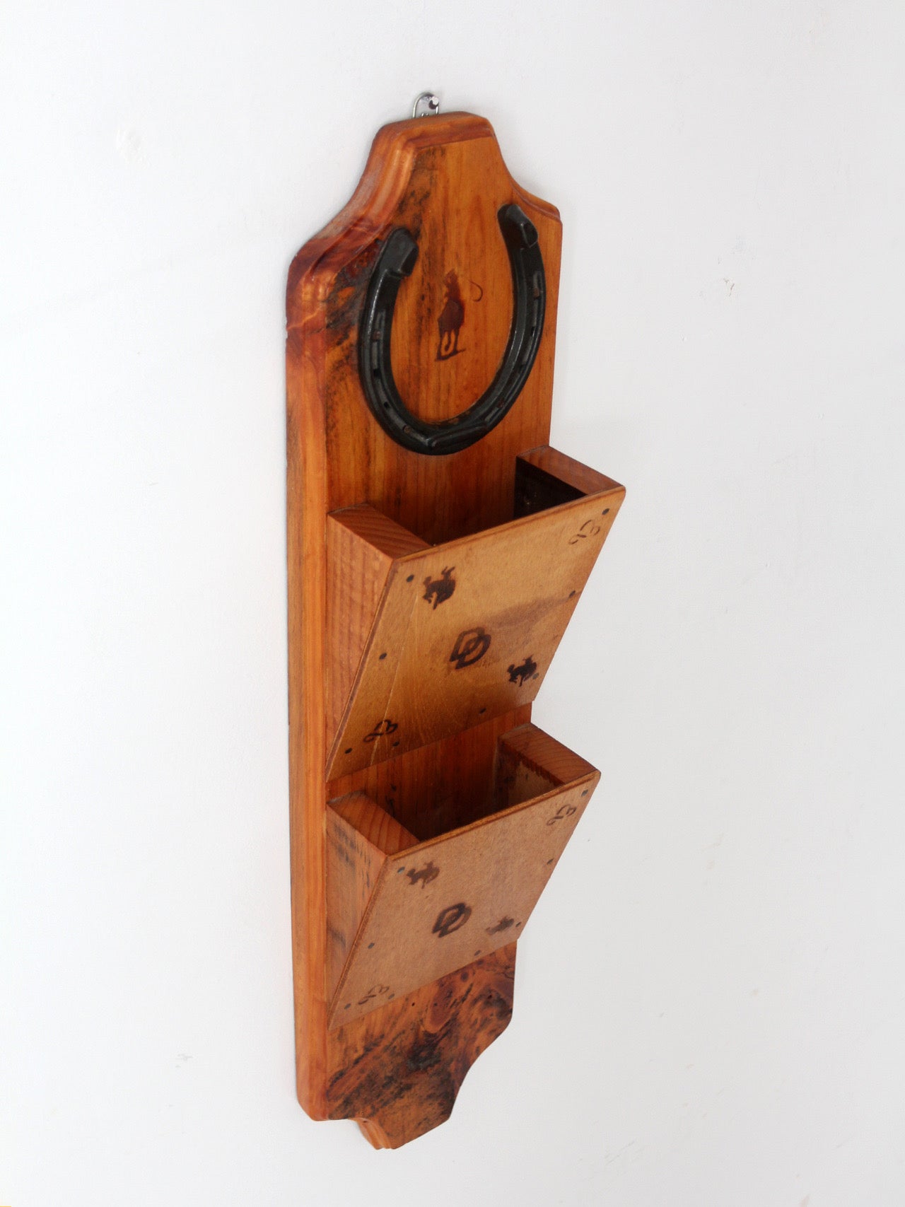 vintage handmade western wood wall organizer with horseshoe