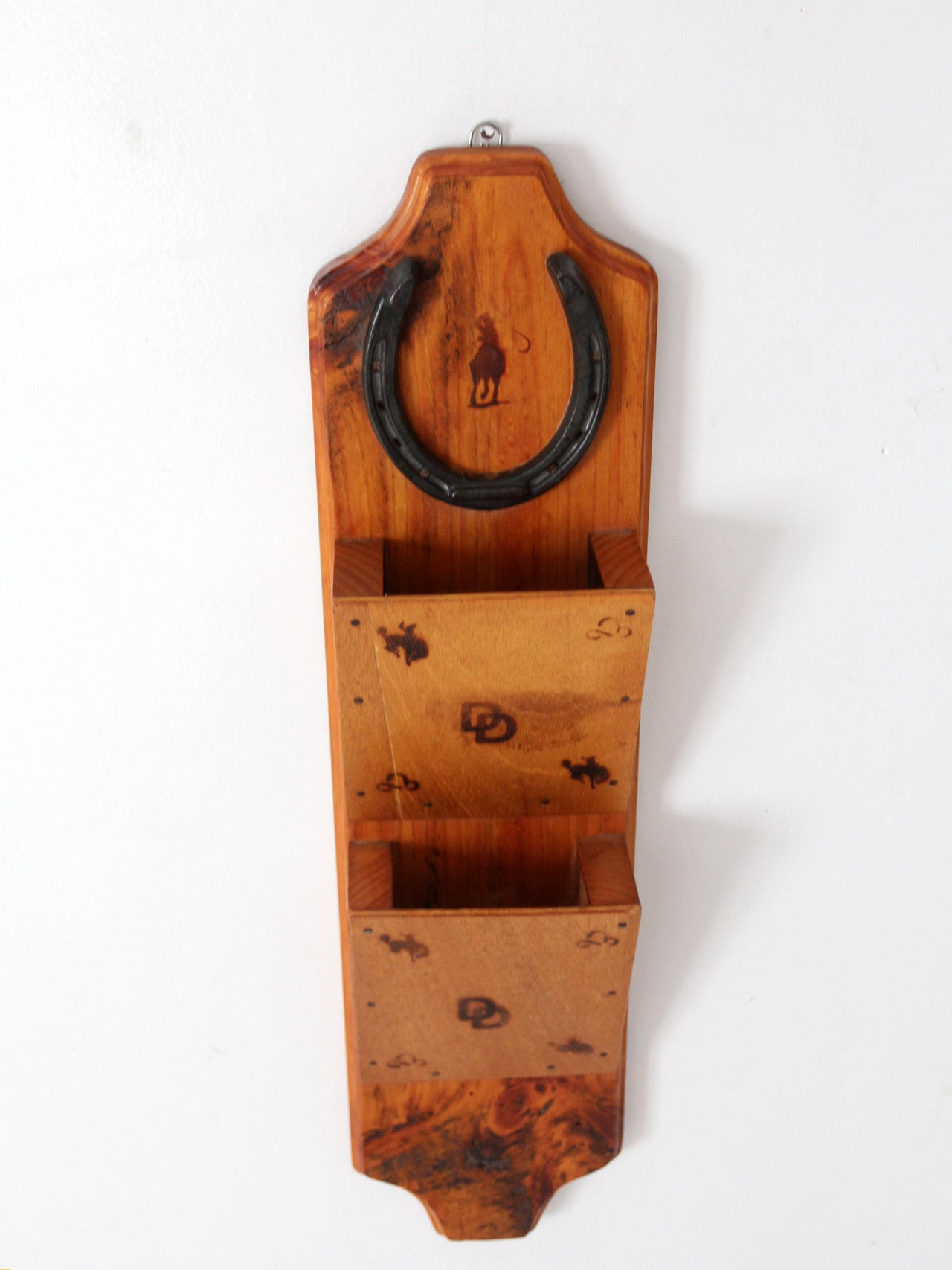 vintage handmade western wood wall organizer with horseshoe
