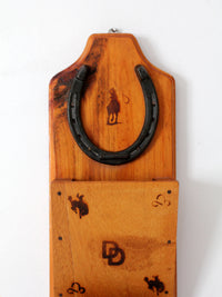 vintage handmade western wood wall organizer with horseshoe