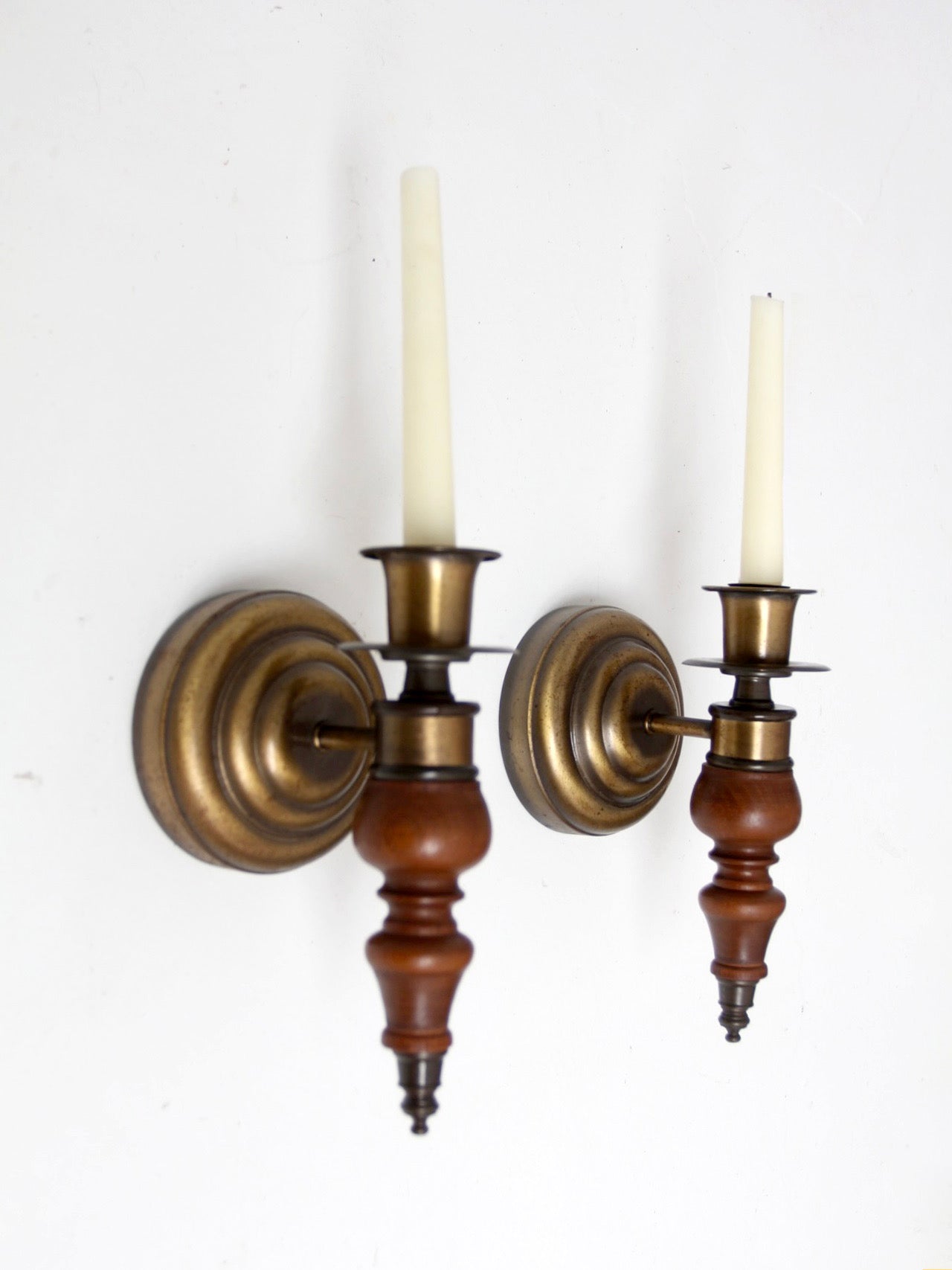 pair of vintage Colonial Revival wood candle wall sconces