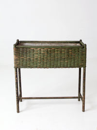 antique green painted wicker jardinière planter with metal liner