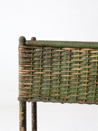 antique green painted wicker jardinière planter with metal liner