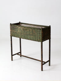 antique green painted wicker jardinière planter with metal liner