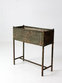 antique green painted wicker jardinière planter with metal liner