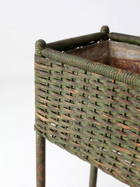 antique green painted wicker jardinière planter with metal liner