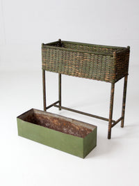 antique green painted wicker jardinière planter with metal liner