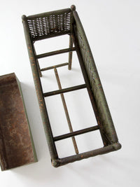 antique green painted wicker jardinière planter with metal liner