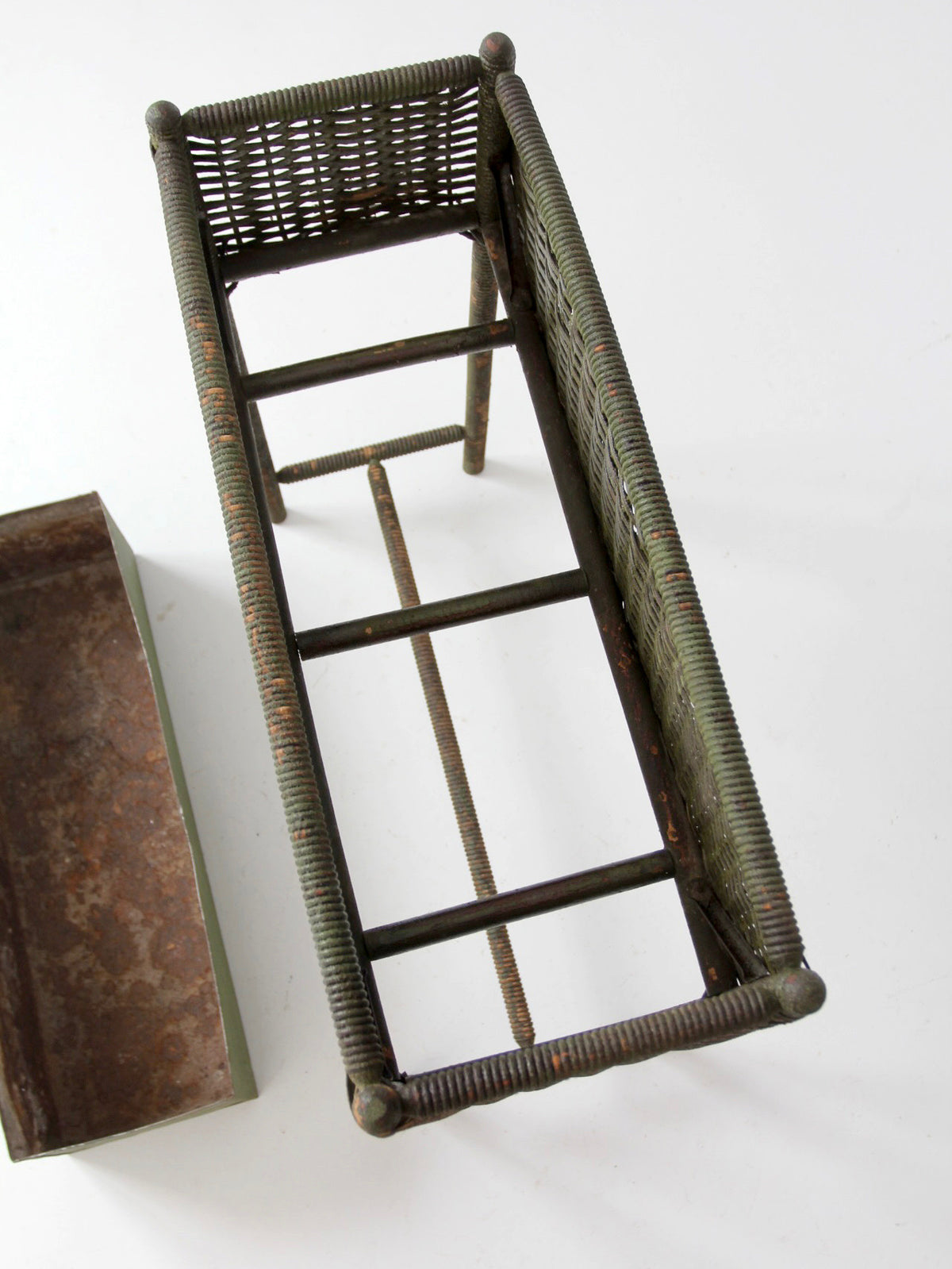 antique green painted wicker jardinière planter with metal liner