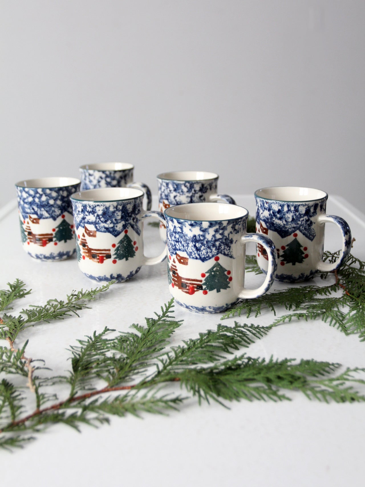 vintage Folk Craft Cabin Snow mugs set of 6