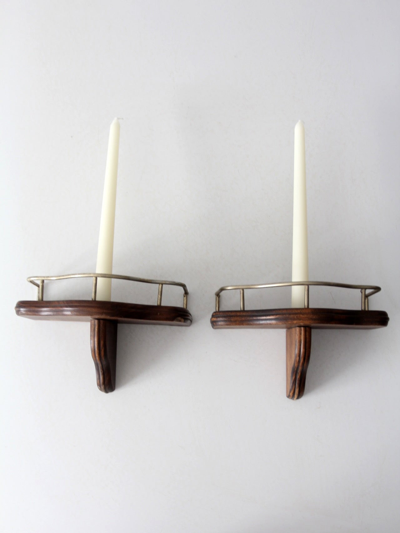 pair mid-century wood candle sconces