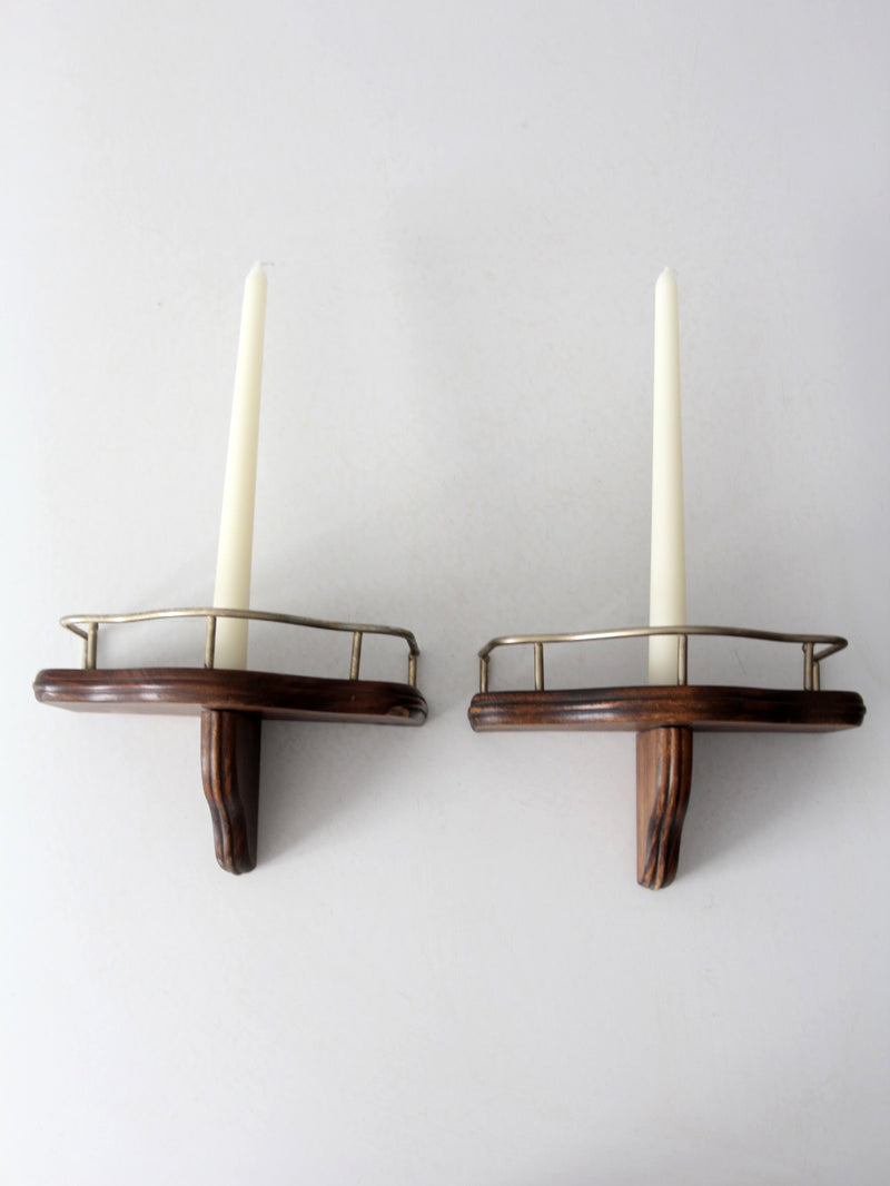 pair mid-century wood candle sconces