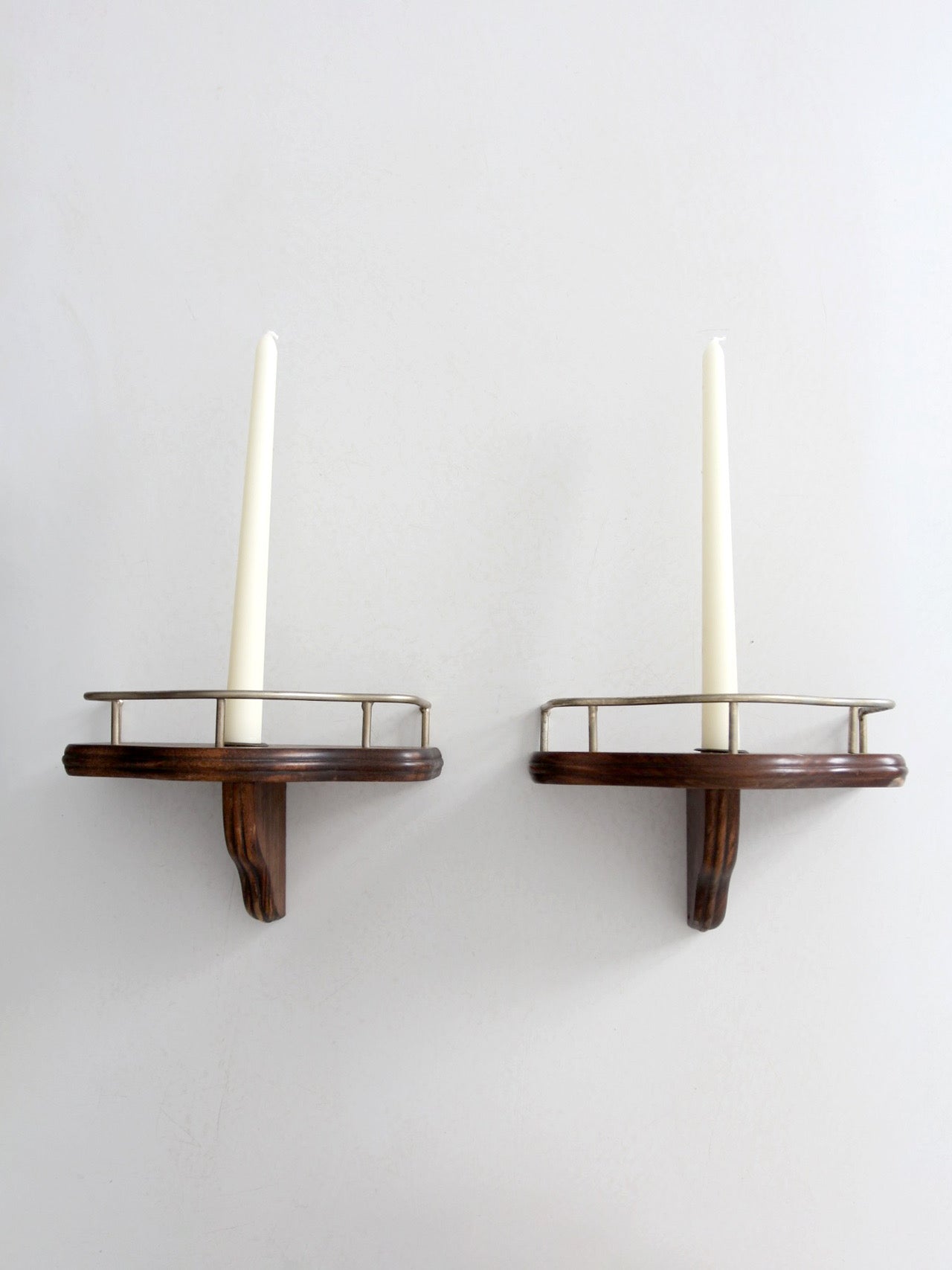 pair mid-century wood candle sconces