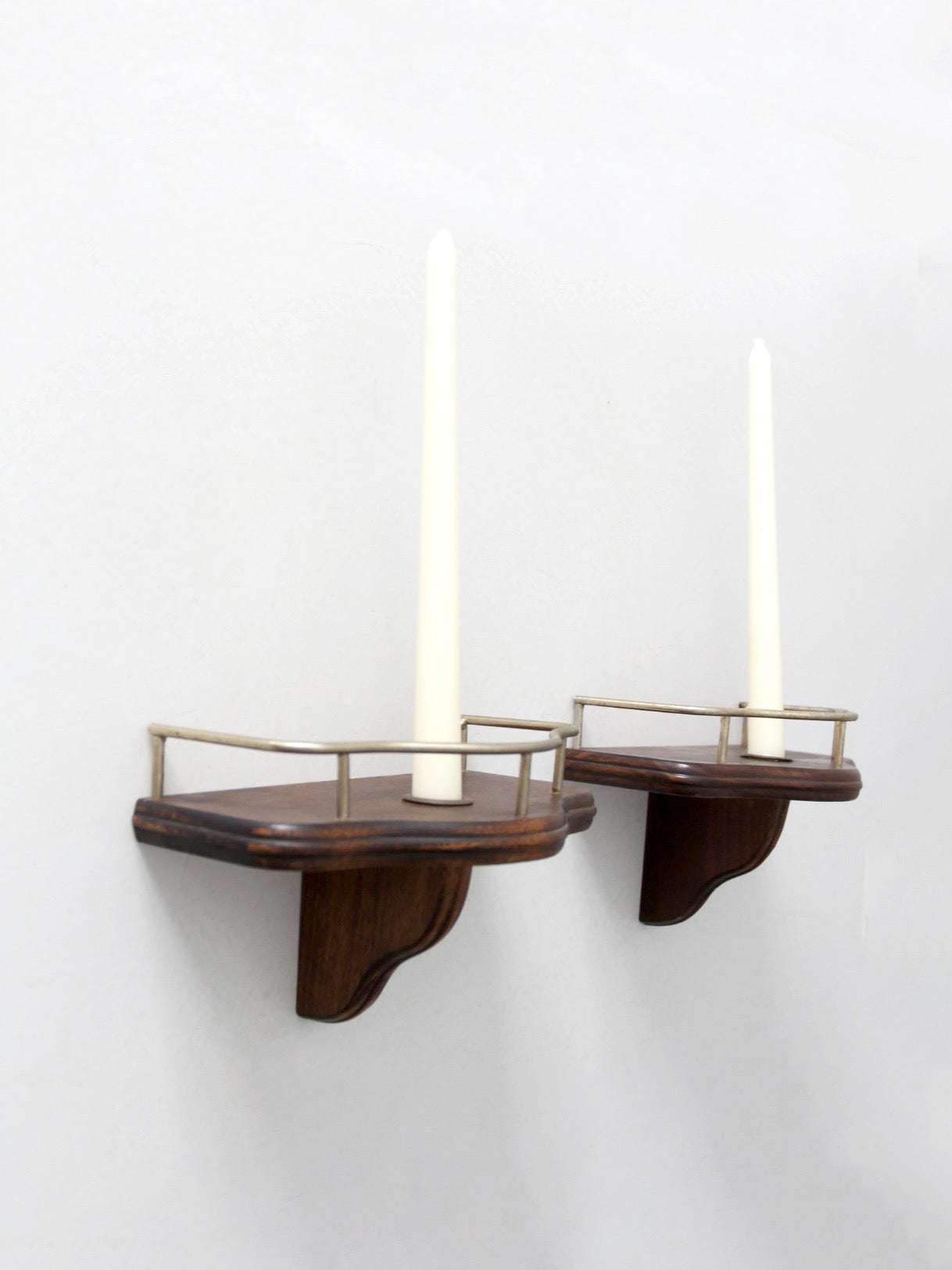 pair mid-century wood candle sconces