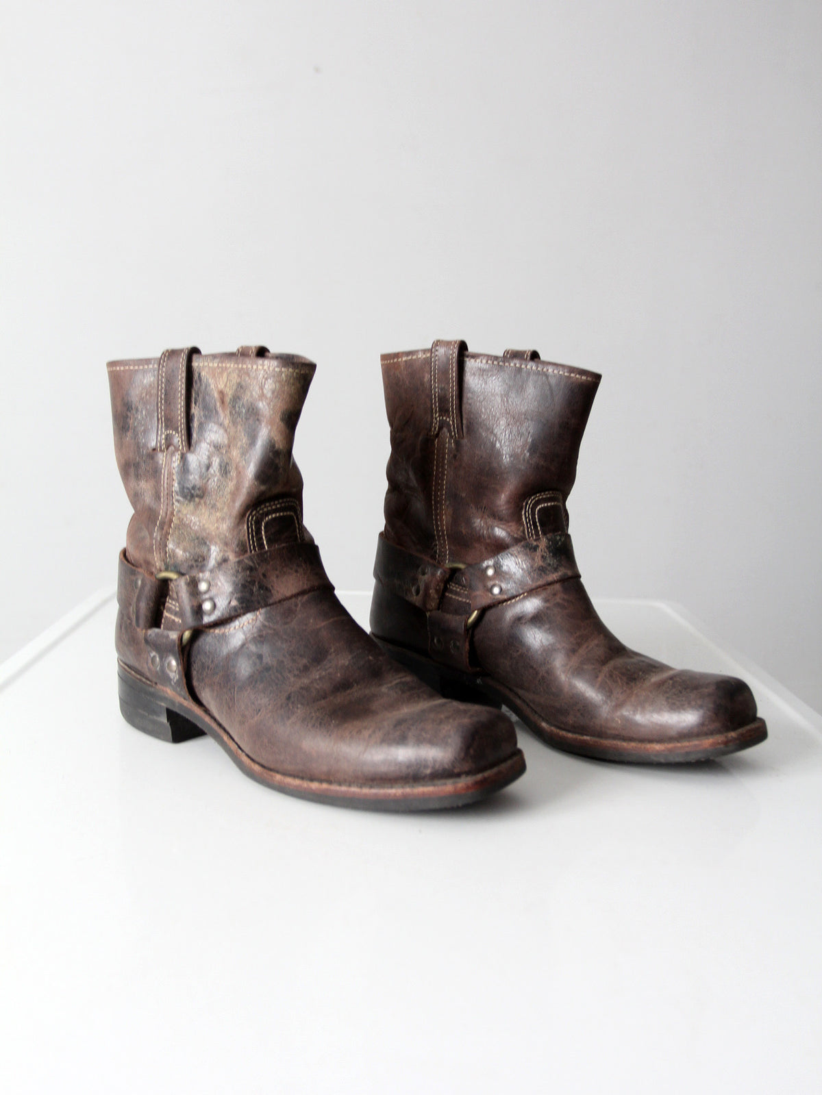 vintage Frye men's distressed brown leather harness boots | size 12