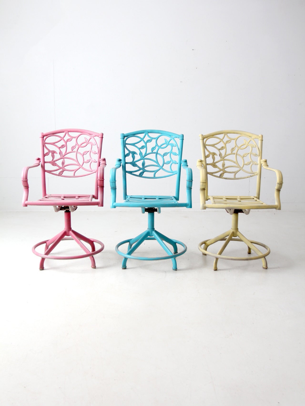 set of 3 vintage metal swivel patio chairs