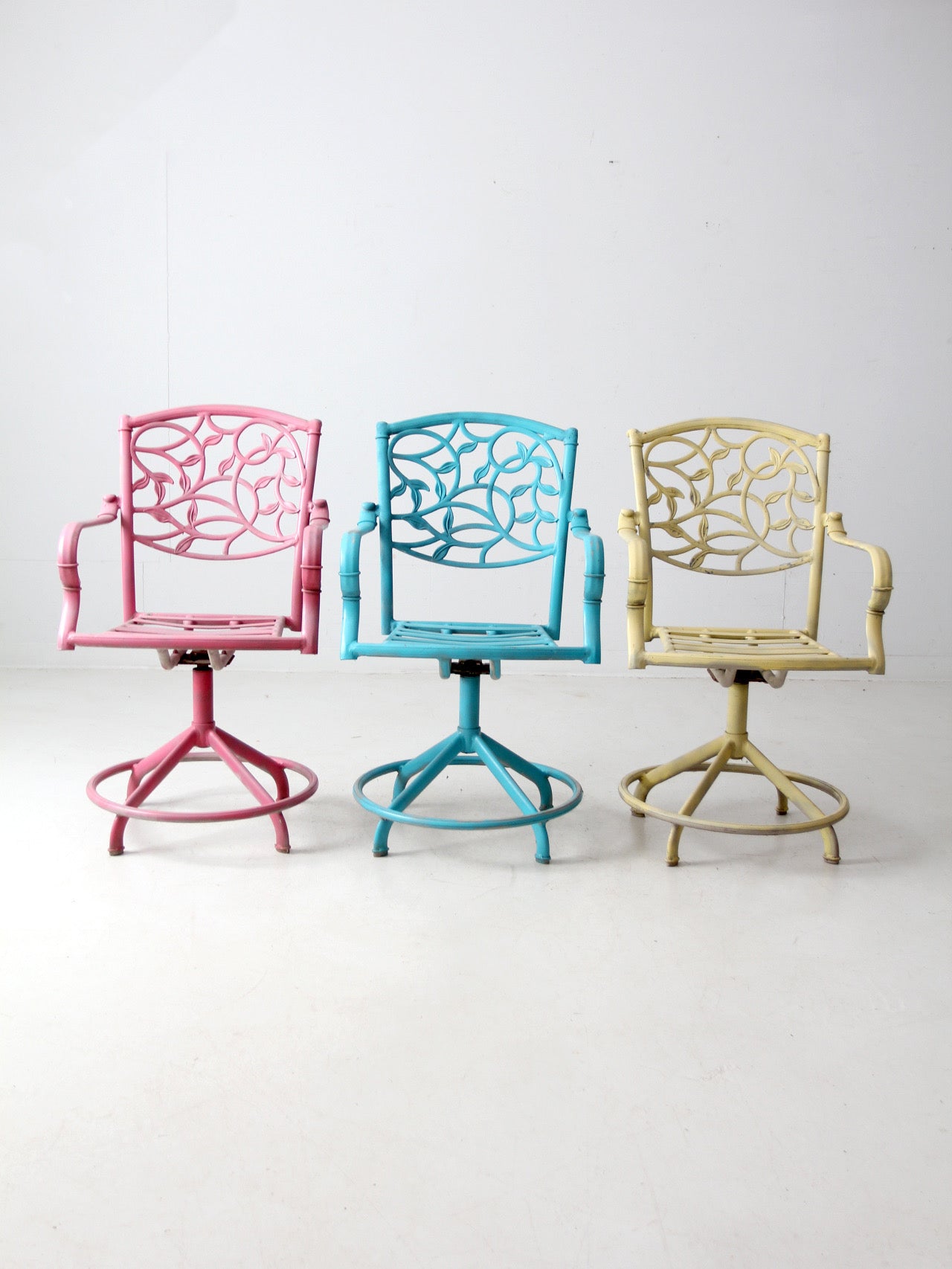 set of 3 vintage metal swivel patio chairs