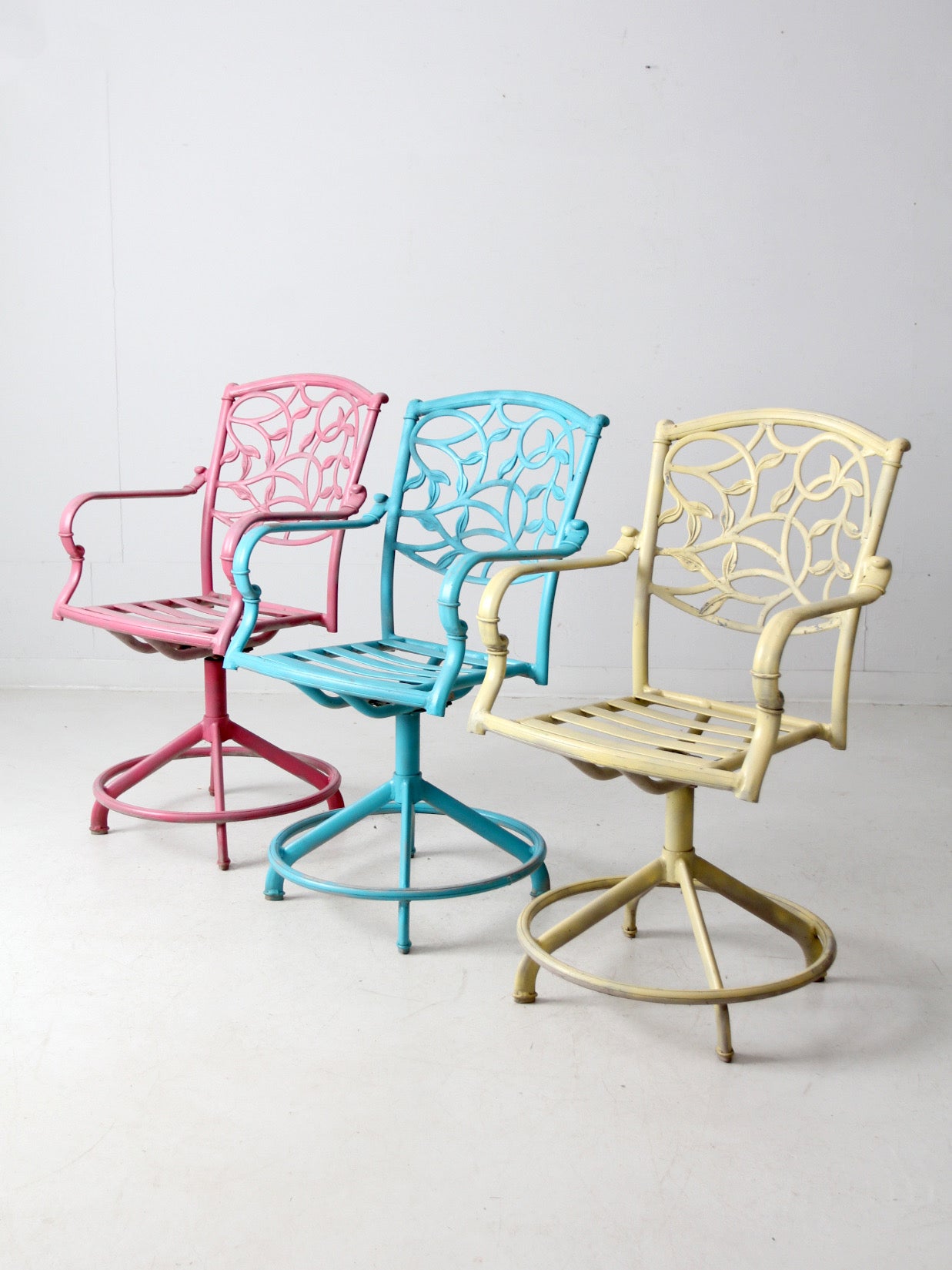 set of 3 vintage metal swivel patio chairs