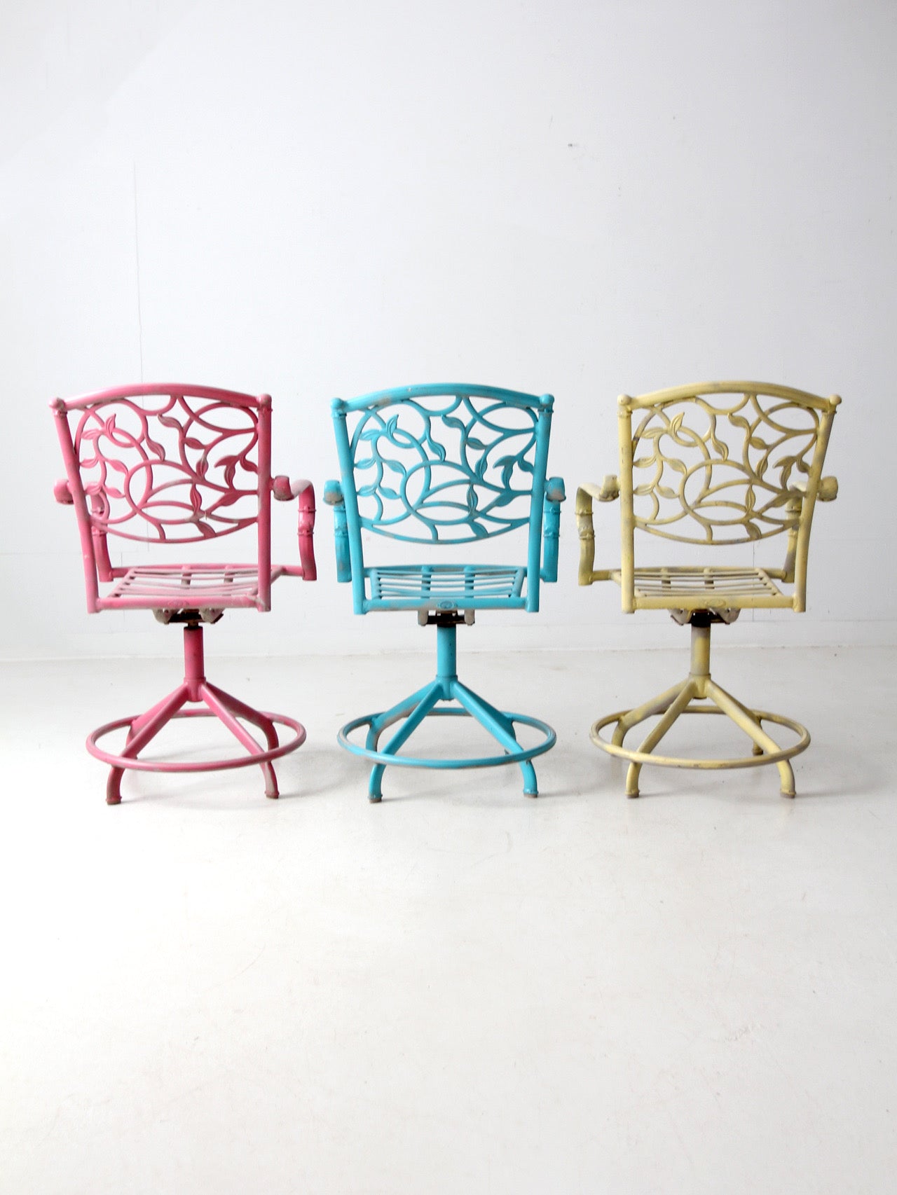 set of 3 vintage metal swivel patio chairs