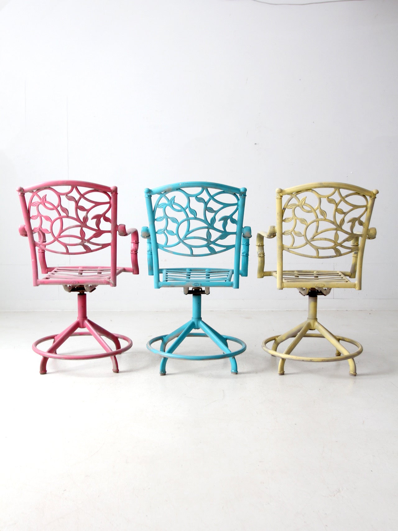set of 3 vintage metal swivel patio chairs