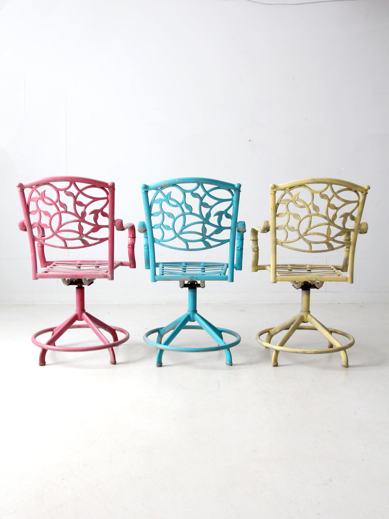 set of 3 vintage metal swivel patio chairs