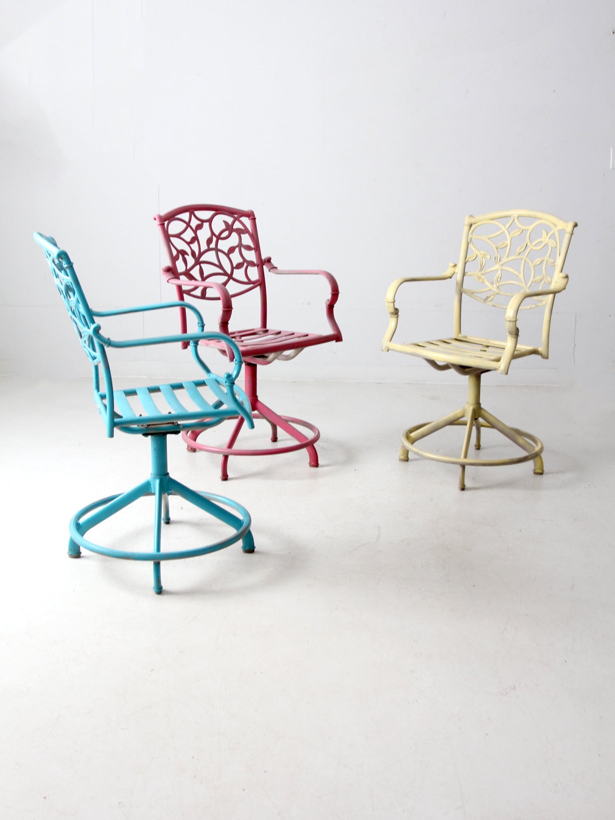 set of 3 vintage metal swivel patio chairs